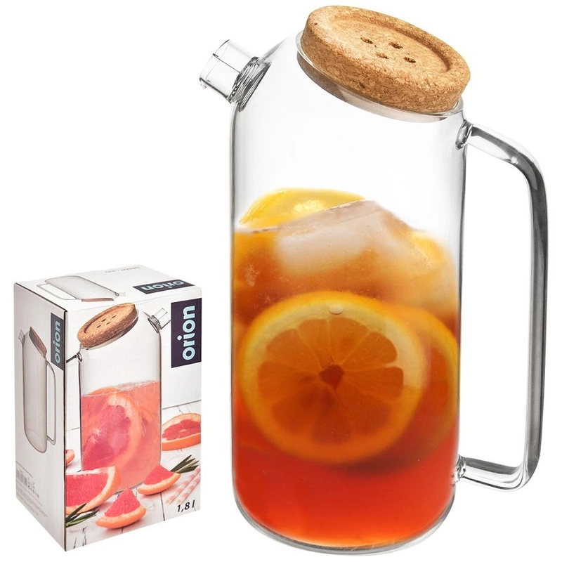 Glaskanne Glaskrug Glaskaraffe für Wasser Limonade mit Korkdeckel Henkel hitzebeständig 1,8l